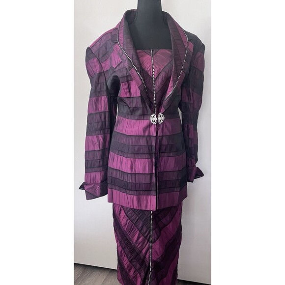 Champagne Italy Purple Plaid 2-Piece Suit Skirt & Rhinestone Embellished Jacket - Picture 1 of 6